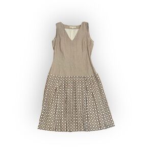 Sleeveless Linen Beige and Brown Midi Dress with Geometric Pleated Skirt